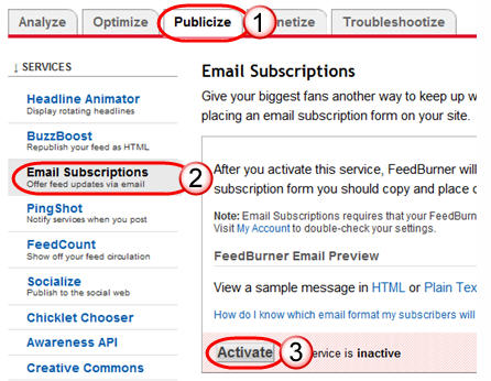 Activating FeedBurner Email subscription
