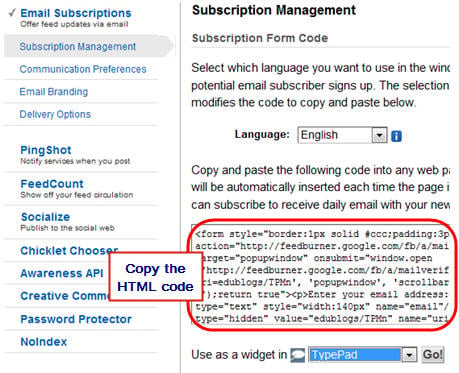 Copy Feedburner email HTML code