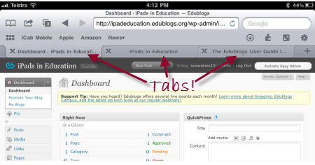 Tab browsing in iCabmobile on an iPad