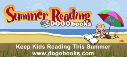 DOGO Books Summer Reading Challenge: PIcture of books on the beach with info about going to dogobooks.com to enter
