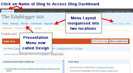 Image of new Edublogs Dashboard