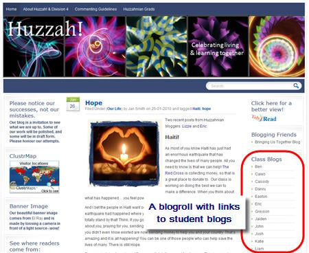 Example of a blogroll on a class blog