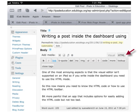 Writing on an iPad within the dashboard using the HTML editor